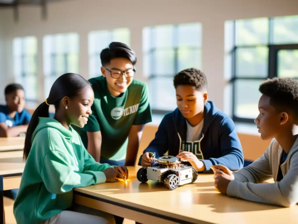 Estudiantes colaborando en la programación de un robot en un aula con luz natural