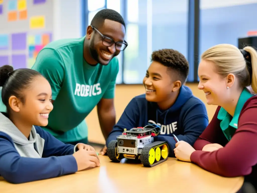Estudiantes diversos disfrutan proyecto de robótica inclusivo Estudiantes diversos disfrutan de proyecto de robótica en aula luminosa, con tecnología adaptativa