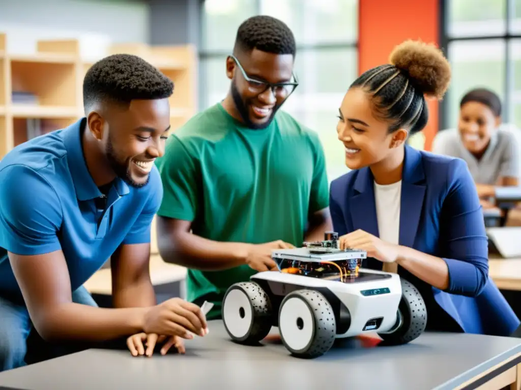 Estudiantes colaborando en proyecto de robótica en aula moderna, fomentando la robótica colaborativa en el aula