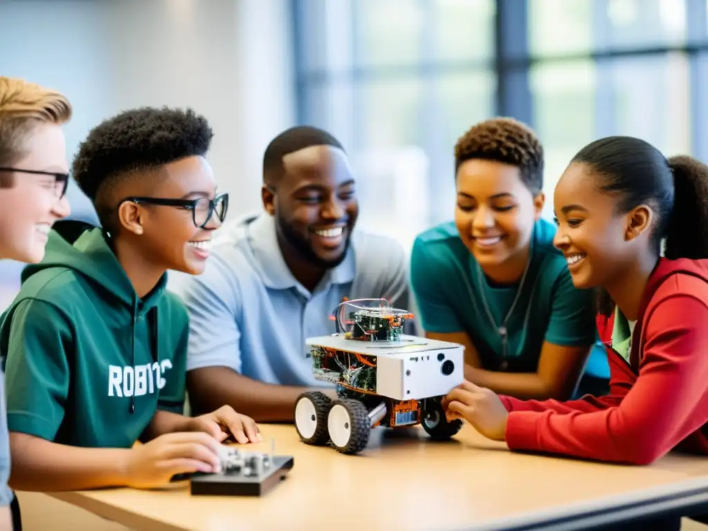 Estudiantes colaborando en proyecto de robótica en aula moderna