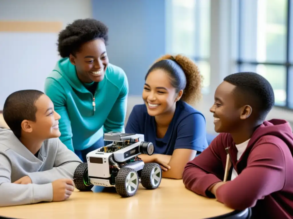 Estudiantes colaborando en proyecto de robótica en aula moderna