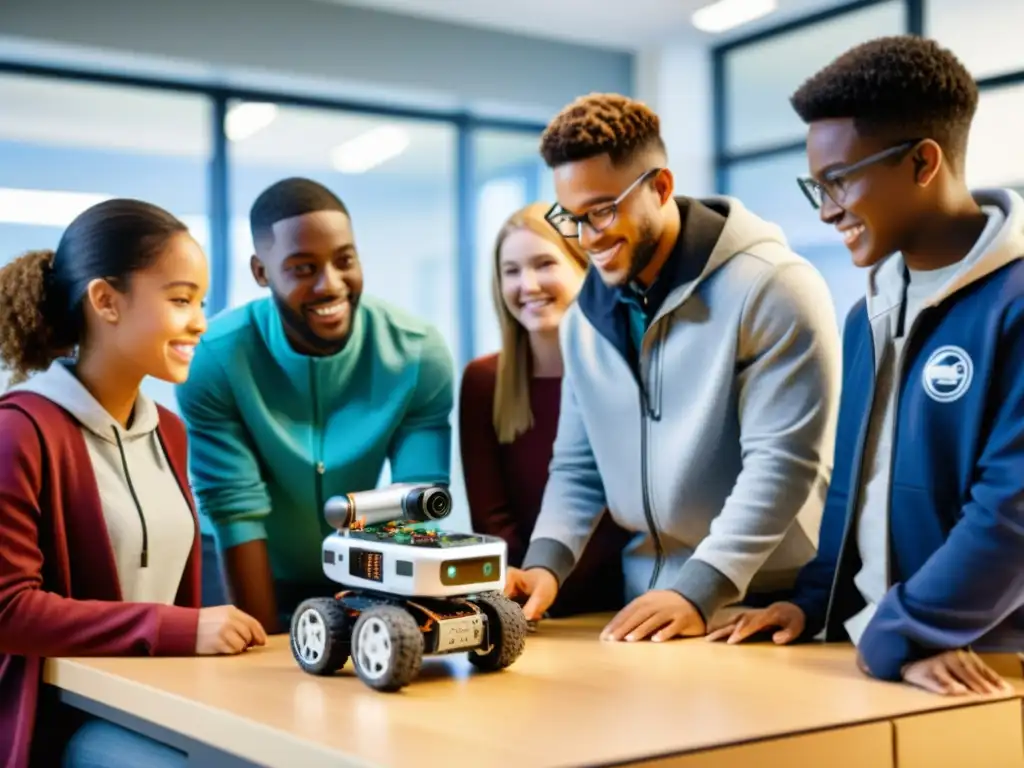 Estudiantes colaborando en proyecto de robótica en aula moderna, reflejando responsabilidad en la robótica educativa