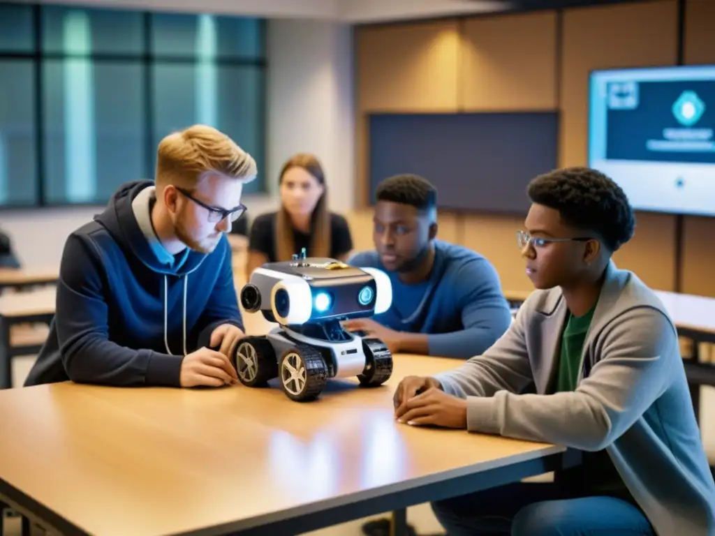 Estudiantes colaborando en proyecto de robótica en aula moderna, fomentando las mejores prácticas seguridad robótica educativa