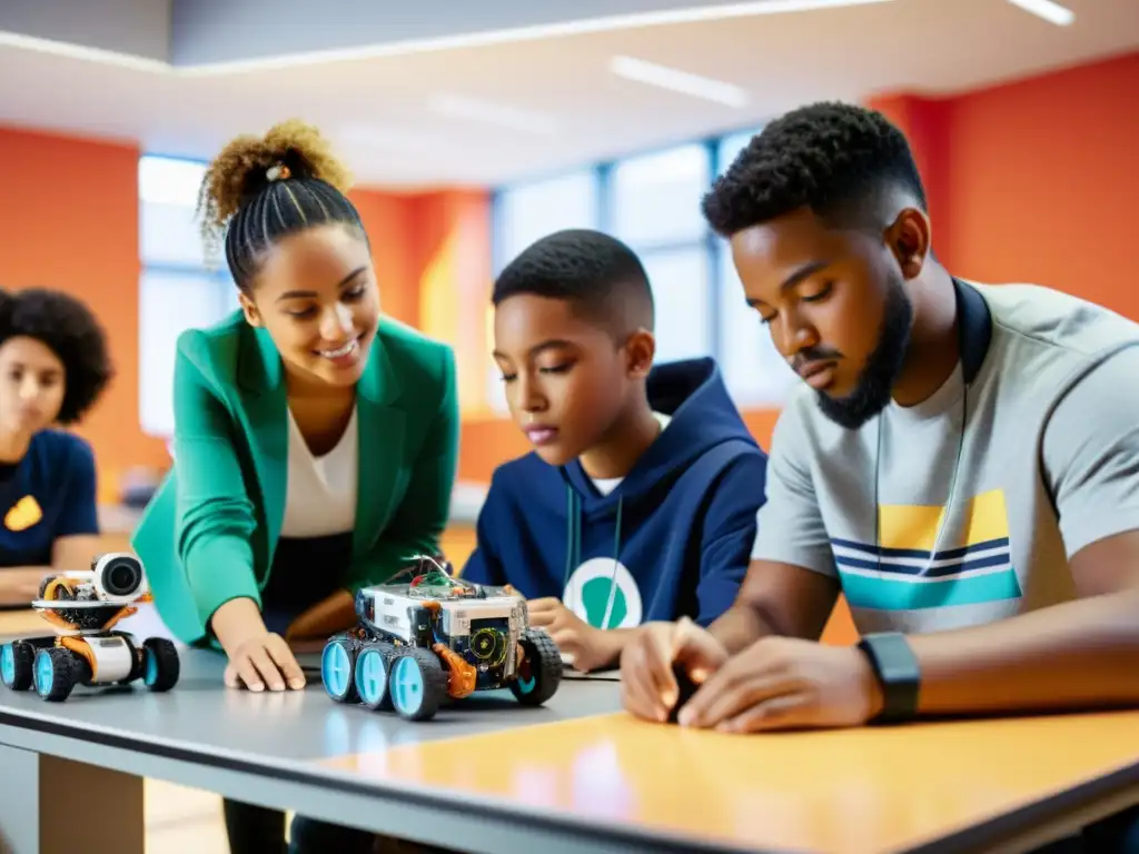 Estudiantes diversos colaboran en proyecto de robótica en aula moderna, mostrando la transformación educativa