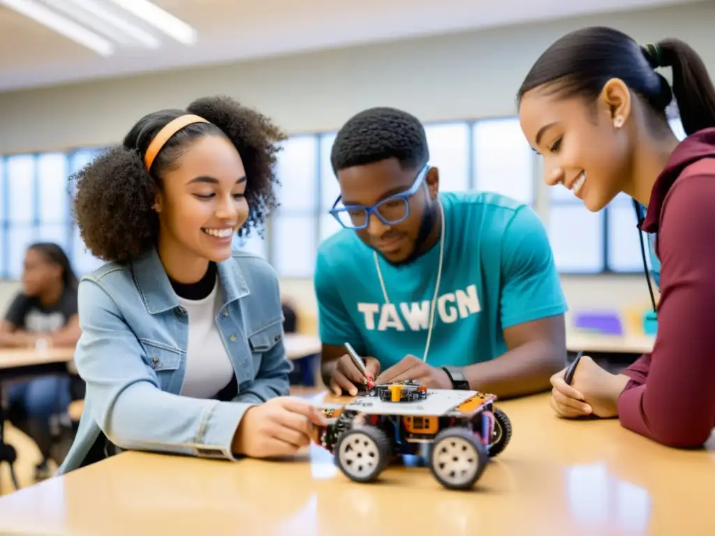 Estudiantes diversos colaboran en proyecto de robótica educativa, resaltando la importancia de la diversidad
