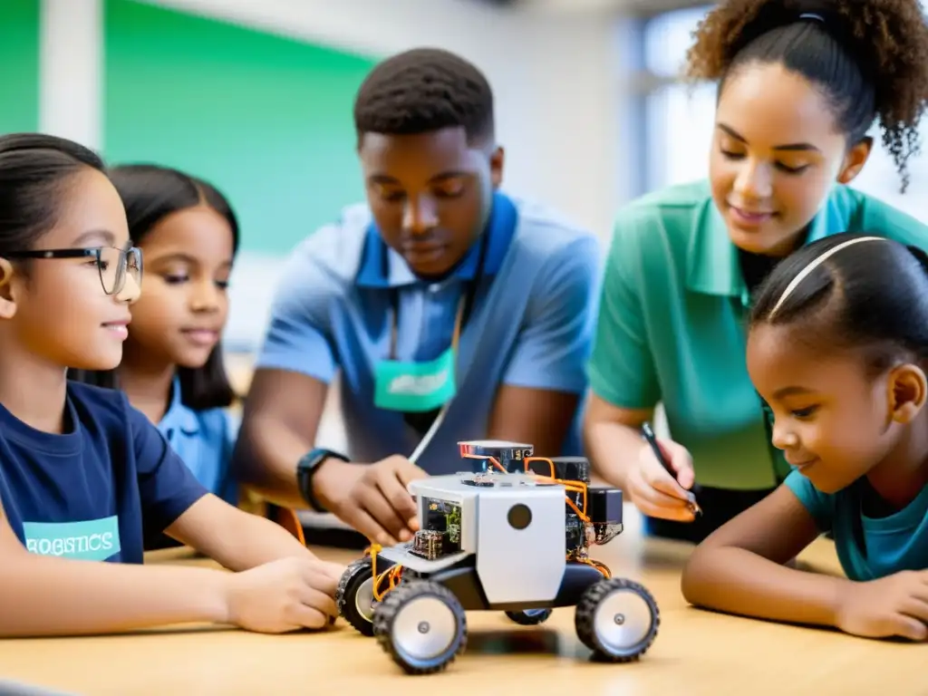 Estudiantes colaborando en proyecto de robótica educativa para liderazgo juvenil en aula moderna y luminosa