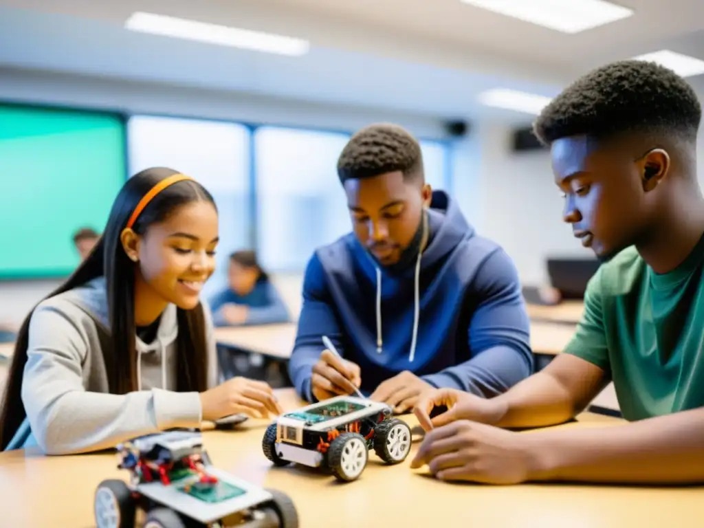 Estudiantes colaboran en proyecto de robótica con mejores prácticas seguridad robótica educativa en aula futurista