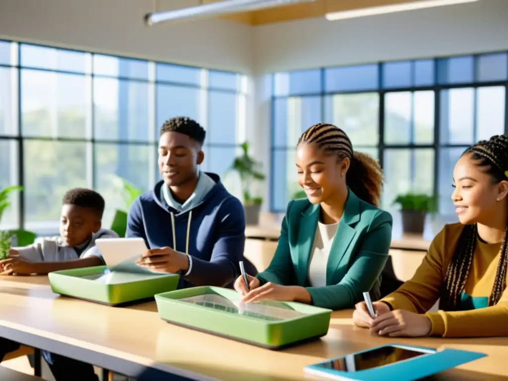 Estudiantes colaborando en proyecto de educación promoción innovación sostenible en aula moderna con luz natural brillante