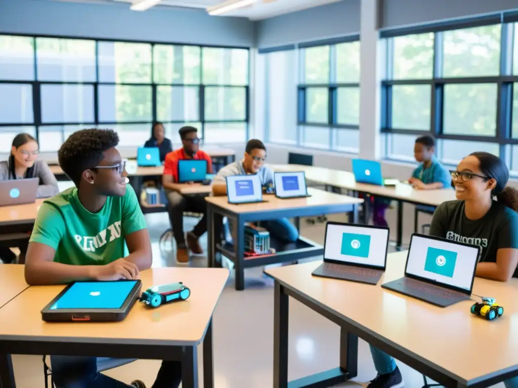 Estudiantes colaboran en proyectos de robótica en aula moderna, con tecnología futurista y robots programables