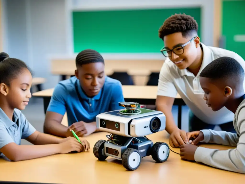 Estudiantes colaborando en proyectos de robótica educativa para docentes en un aula moderna, utilizando tecnología avanzada y herramientas