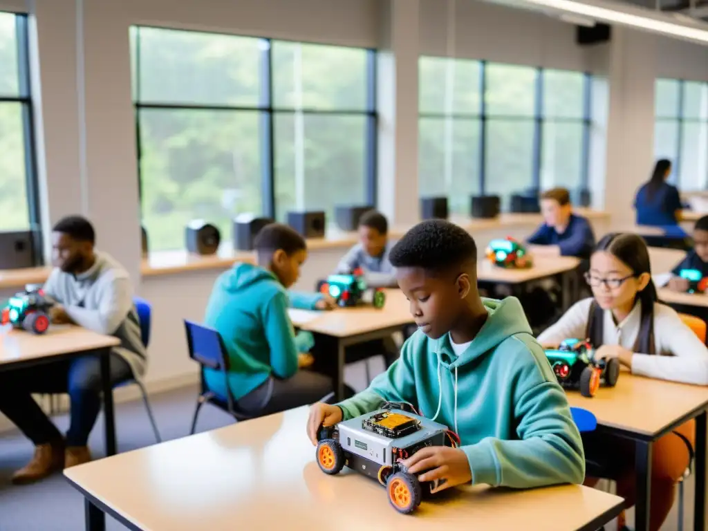 Estudiantes colaborando en proyectos de robótica, creando y programando robots