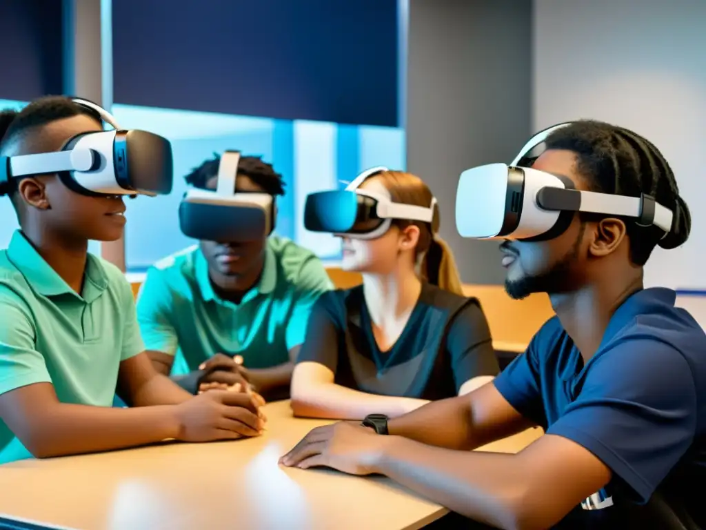 Estudiantes usando realidad virtual para prevenir acoso escolar en un aula futurista