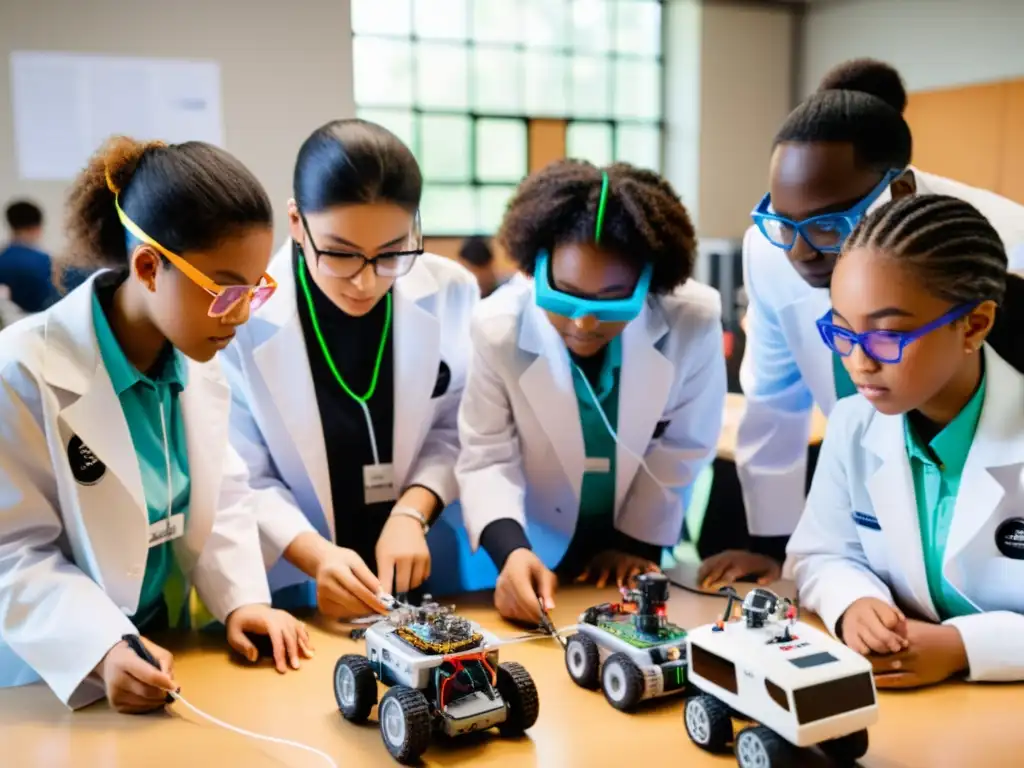 Estudiantes diversos ensamblan y programan un robot en un aula luminosa, reflejando la importancia de la robótica en STEM