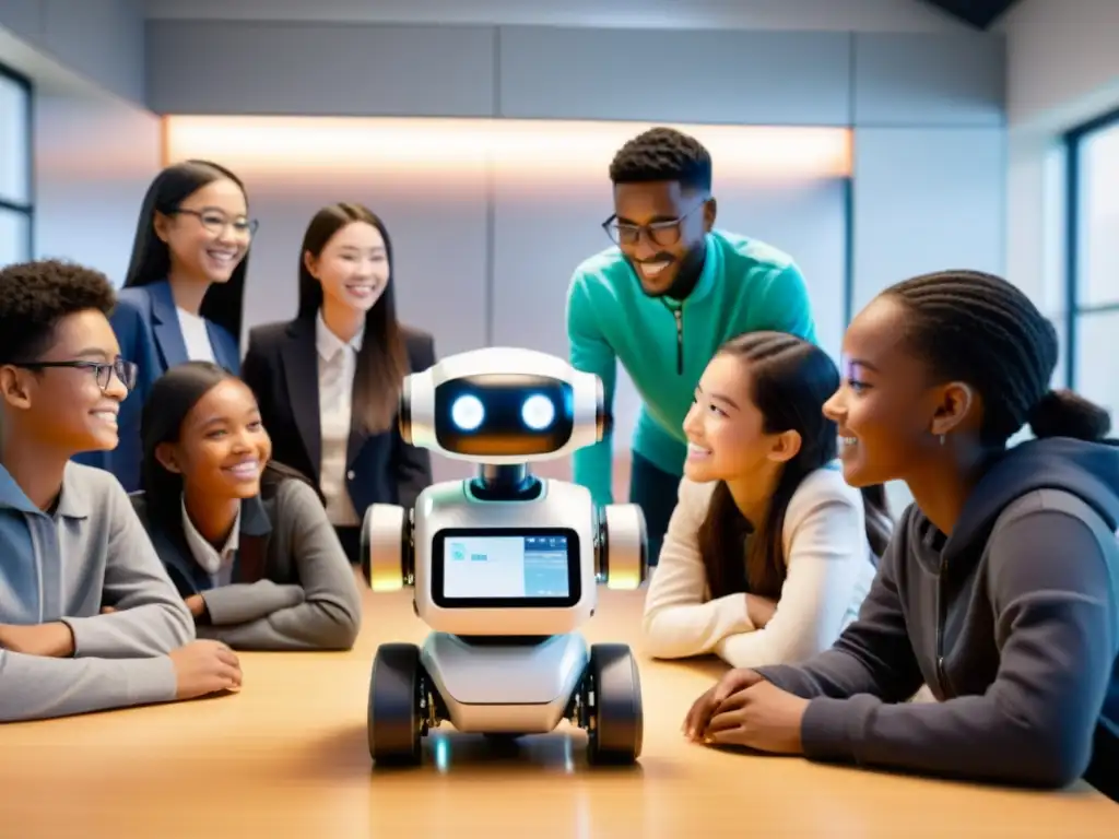 Estudiantes programando y colaborando con un robot en un aula moderna