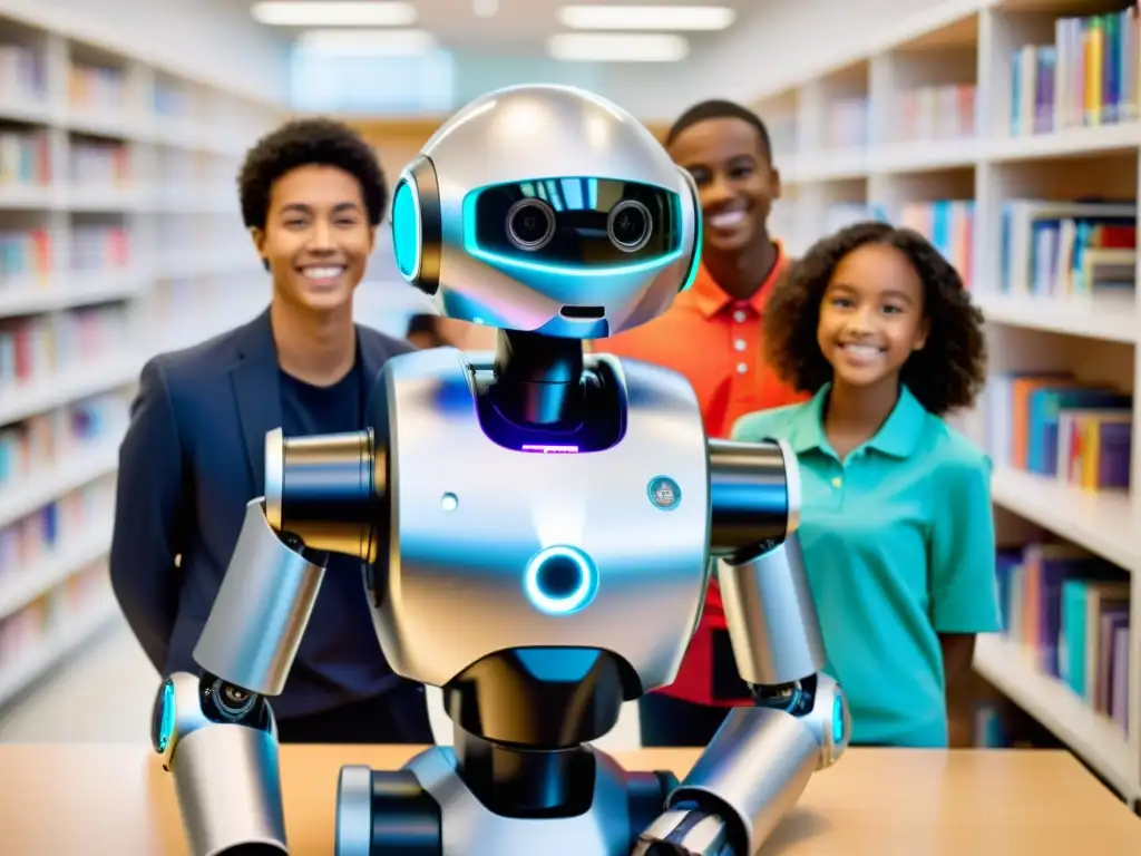 Estudiantes interactúan con un robot futurista en un aula iluminada, reflejando la transformación del aprendizaje con robots en la educación