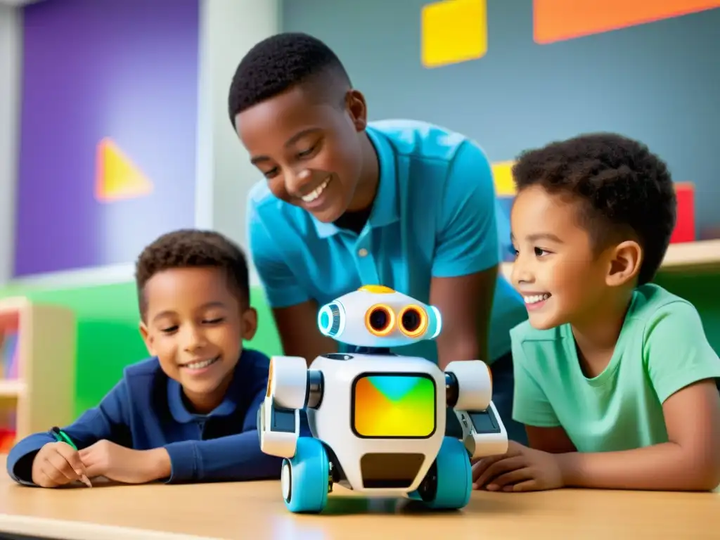 'Estudiantes interactúan con robot programable en aula iluminada