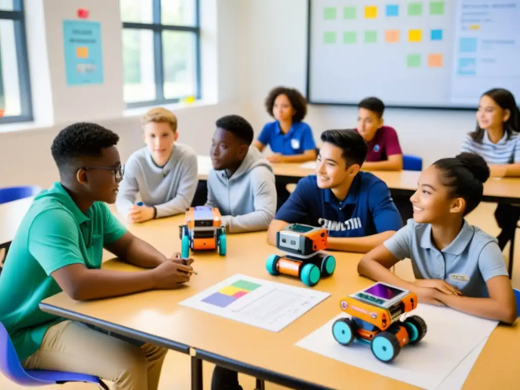 Estudiantes colaborando con diferentes robots en aula iluminada, aplicando estrategias efectivas enseñanza robótica