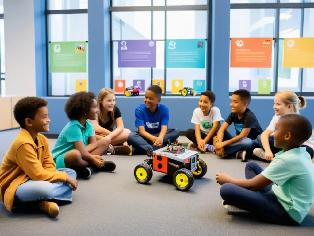 Estudiantes construyen y programan robots en un aula luminosa, fomentando la colaboración y la innovación en la robótica educativa para el futuro