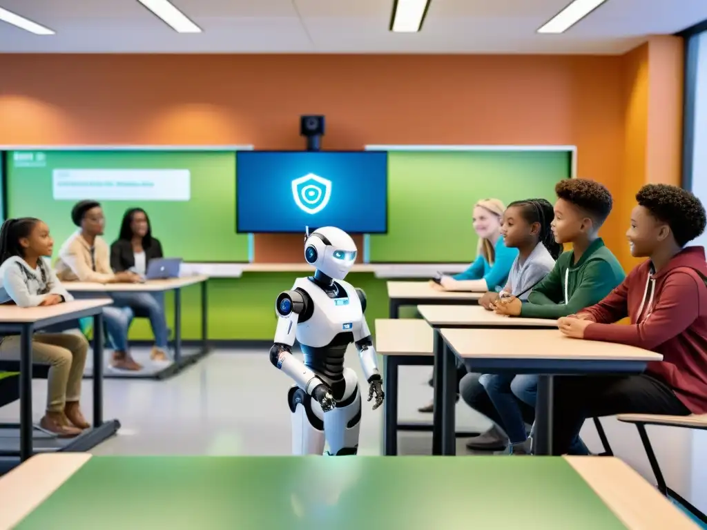 Estudiantes diversos interactúan con robots en un aula moderna, impacto robótica educación horizonte pedagógico