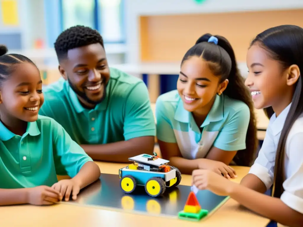 Estudiantes diversos construyendo y programando robots educativos en un aula luminosa, reflejando entusiasmo y determinación, simbolizando la transformación de la educación con la robótica educativa