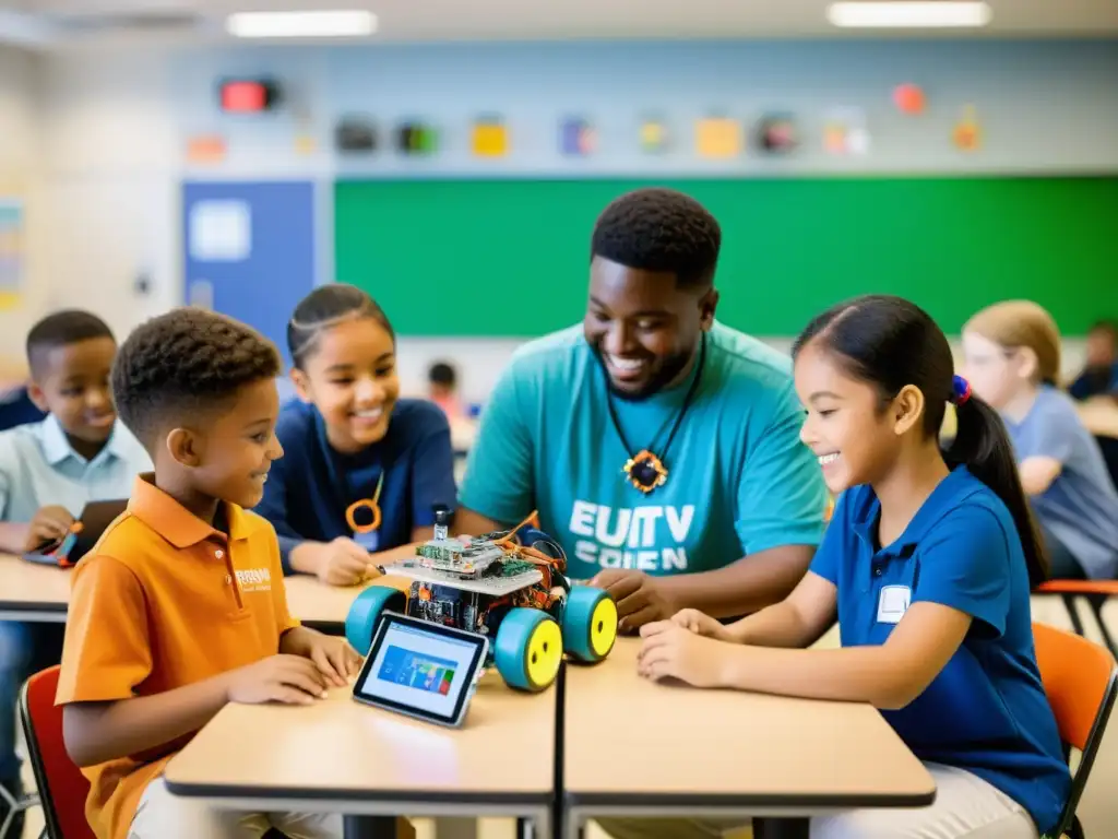 Estudiantes diversos programando robots y resolviendo problemas en un aula vibrante