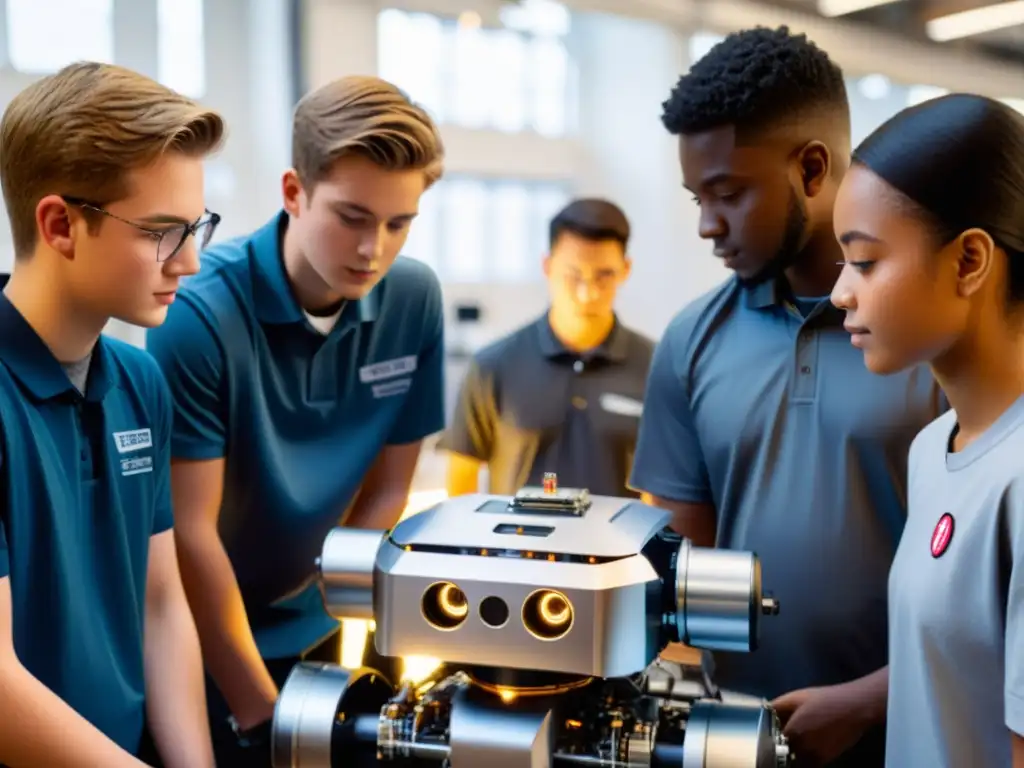 Estudiantes de secundaria ajustando un robot en un taller brillantemente iluminado