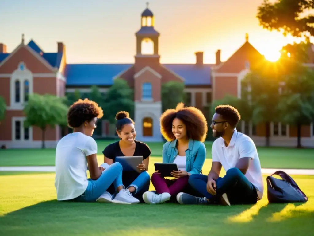 Estudiantes colaborando en tablets y smartphones al atardecer en el campus, representando el impacto de tabletas y smartphones en educación