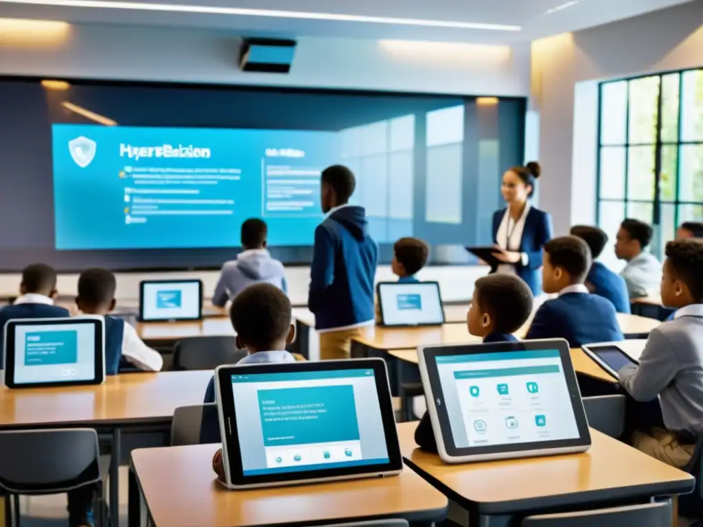 Aula digital con estudiantes interactuando en actividades colaborativas Estudiantes colaborando con tecnología IoT en educación y aprendizaje en aula luminosa