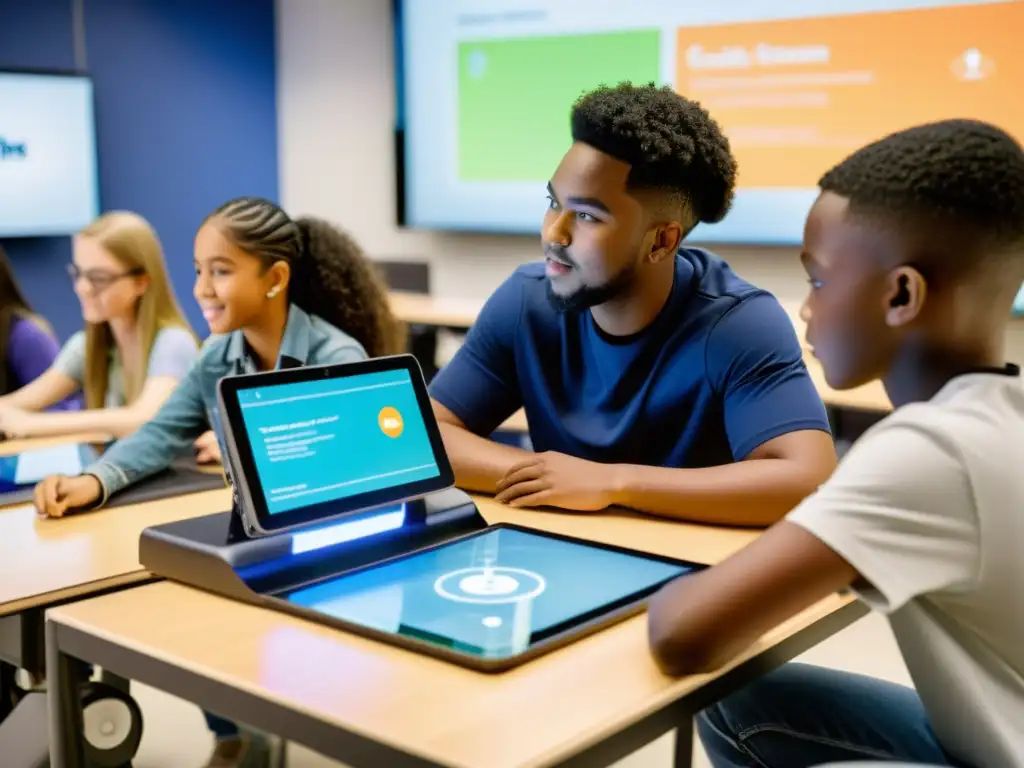 Estudiantes colaborando con tecnología educativa avanzada en un aula moderna, reflejando las tendencias en robótica educativa