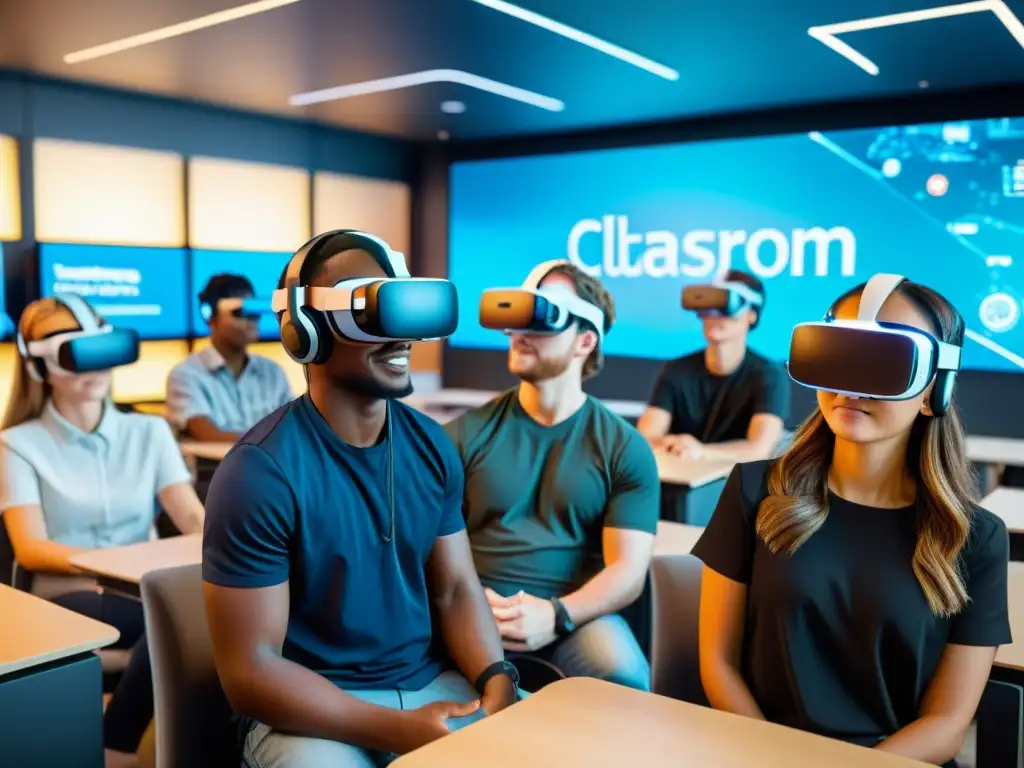 Estudiantes interactúan con tecnología educativa futurista y Realidad Virtual, ilustrando la educación personalizada en un aula vibrante y dinámica