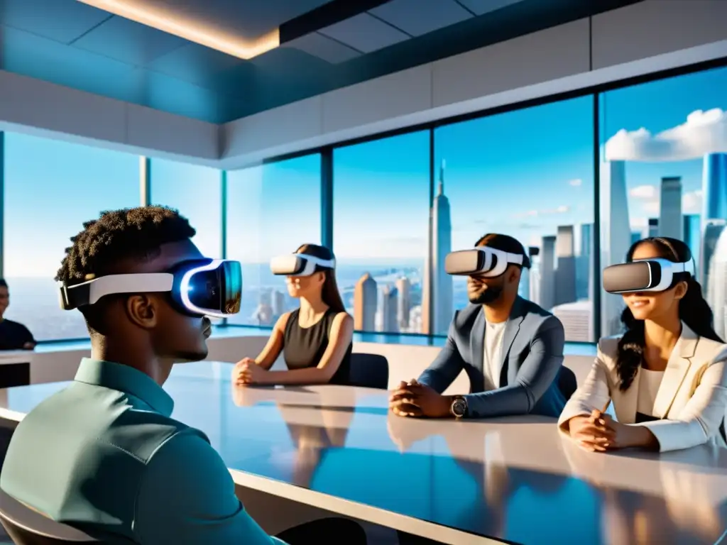 Experiencia educativa 5G: Realidad virtual y hologramas Estudiantes diversos usando tecnología 5G en experiencia educativa innovadora con hologramas y pantallas digitales