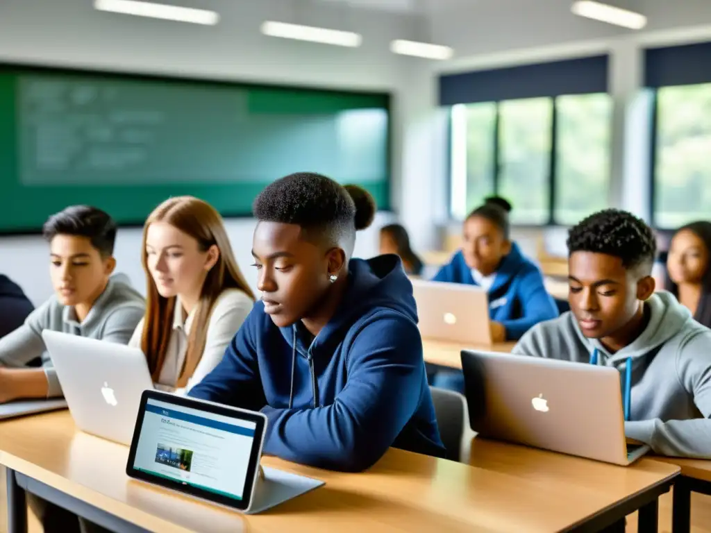 Estudiantes usando tecnología variada en aula moderna, destacando la desigualdad en el acceso tecnológico