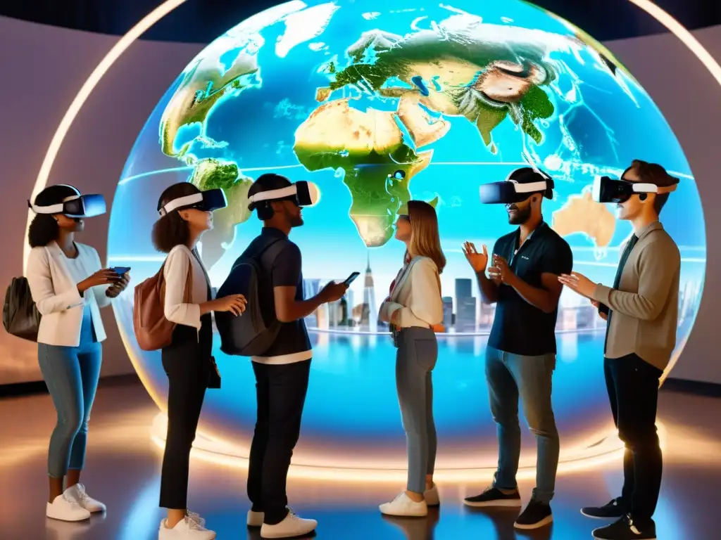 Estudiantes disfrutan de viajes virtuales educativos en realidad virtual, explorando el mundo a través de hologramas