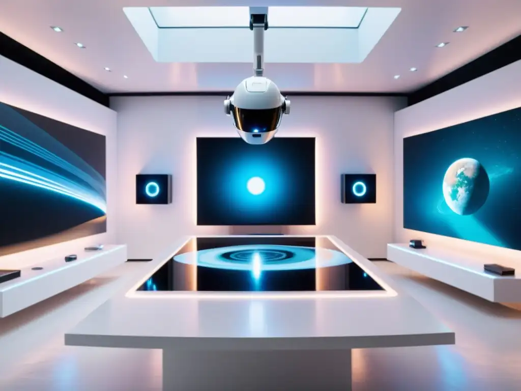 Estudio de arte futurista con brazos robóticos creando obras digitales