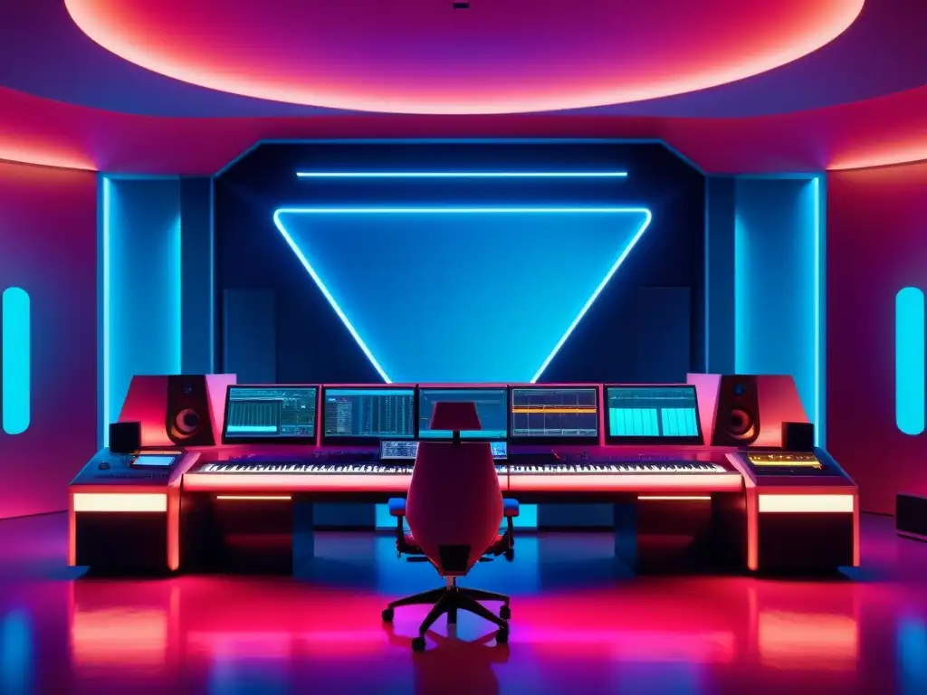 Estudio de grabación futurista con inteligencia artificial para composición de canciones y ambiente de alta tecnología