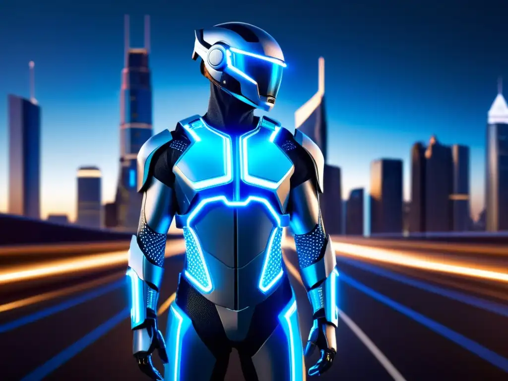 Un exoesqueleto futurista con luces LED azules, usado por una figura humana en una ciudad moderna