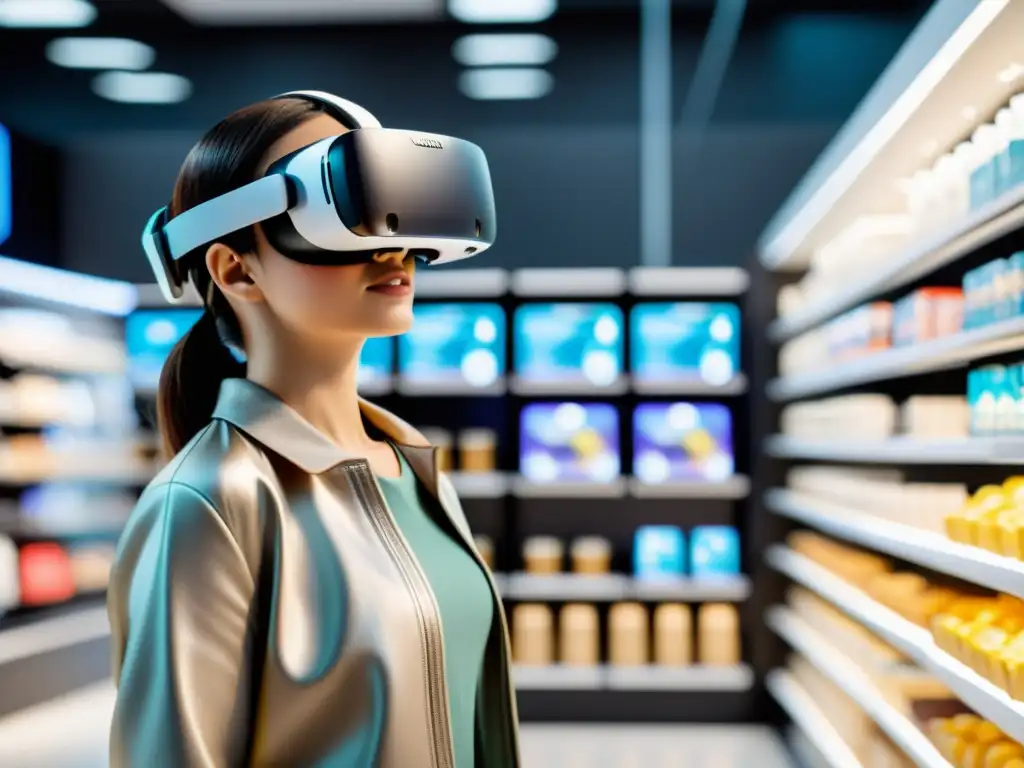 Una experiencia de compra inmersiva con AR en tiendas virtuales, mostrando un shopper interactuando con un ambiente futurista y productos digitales