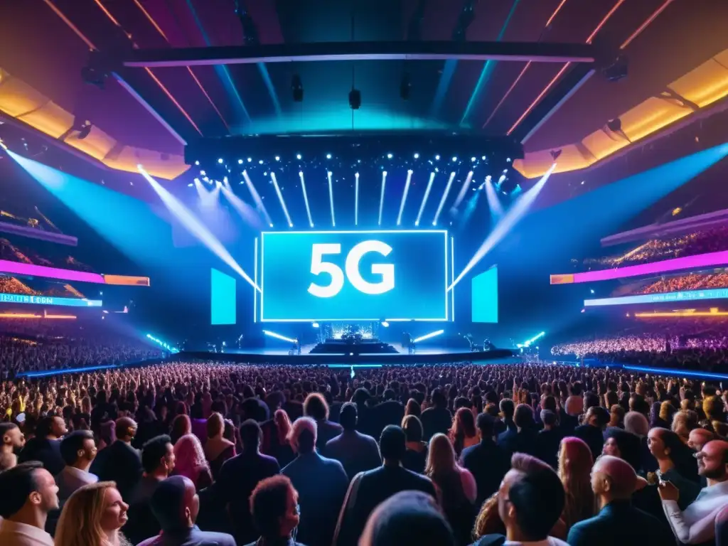 Experiencia asistir conciertos festivales 5G: Escenario futurista con luces de neón, público entusiasta y tecnología 5G de vanguardia