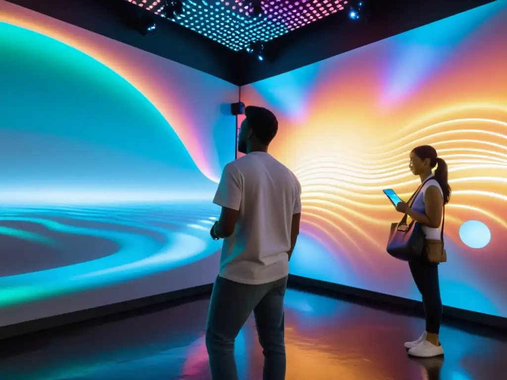 Transformación cultural con tecnología 5G: Experiencia inmersiva en galería de arte futurista con obras interactivas y proyecciones digitales