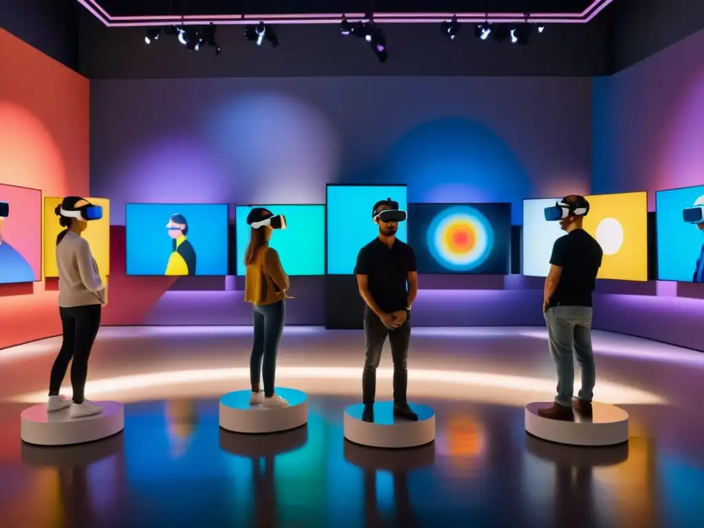 Experiencia de realidad virtual en galería de arte con proyecciones digitales y visitantes interactuando