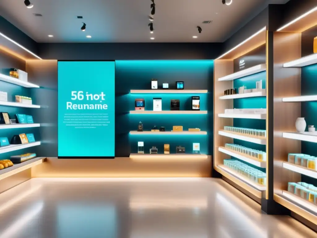 Experiencias personalizadas en retail IoT: Tienda moderna con dispositivos IoT integrados y ambiente futurista iluminado