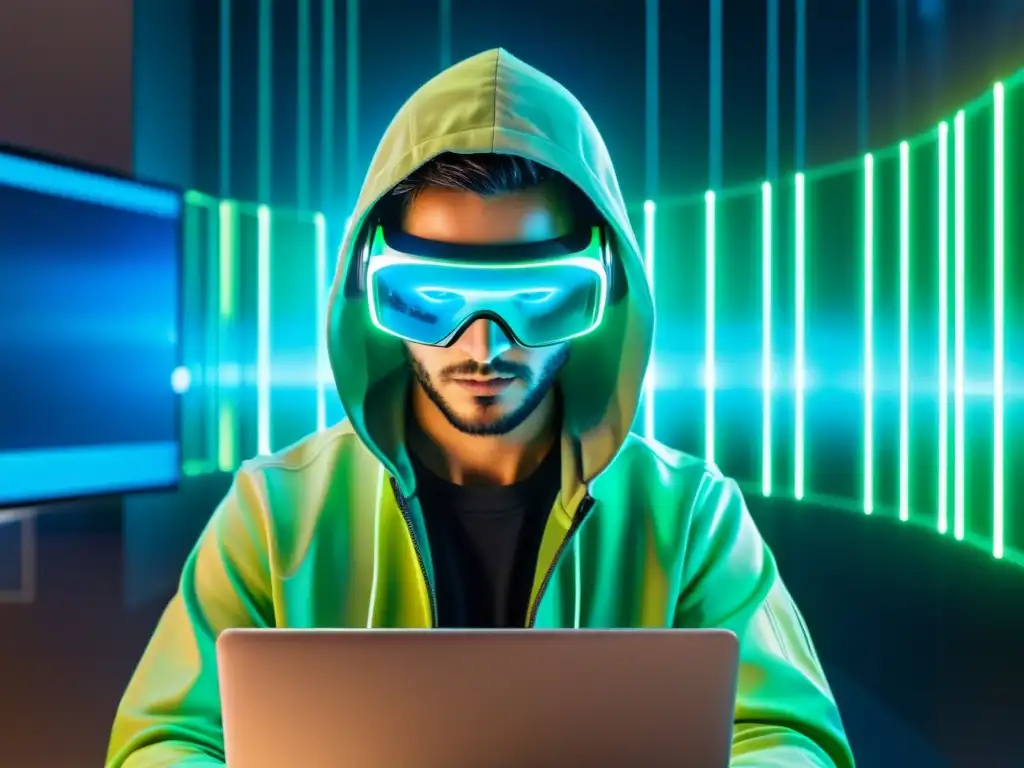 Un experto hacker en un entorno de realidad virtual, con códigos digitales y barreras de seguridad