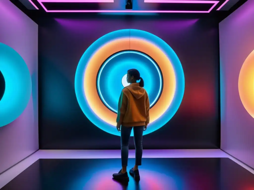 IoT en la expresión creativa: Instalación de arte futurista con paneles LED interactivos y esculturas cinéticas, colores vibrantes y patrones geométricos