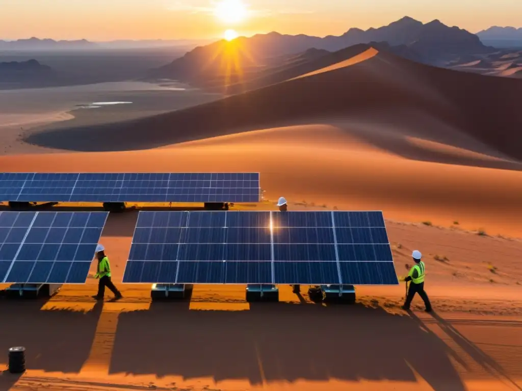 Un extenso campo de paneles solares en un desierto, con ingenieros y trabajadores inspeccionando las instalaciones al atardecer