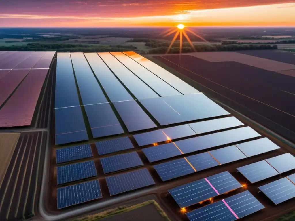 Un extenso campo de paneles solares se extiende hacia el horizonte, con el sol poniéndose detrás