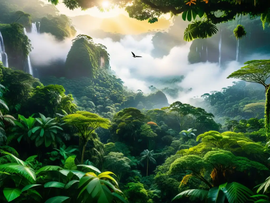 Un exuberante bosque tropical rebosante de vida silvestre diversa, bañado por la luz dorada del sol
