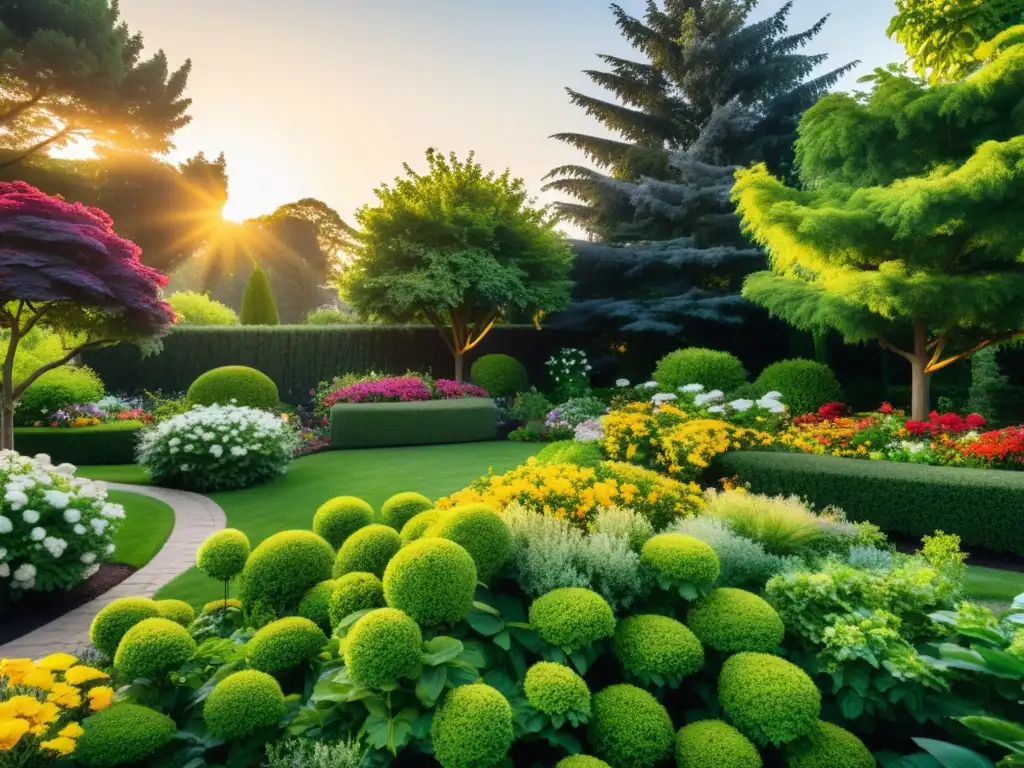 Un jardín exuberante con flores vibrantes y árboles bien cuidados, bañado por la cálida luz del sol