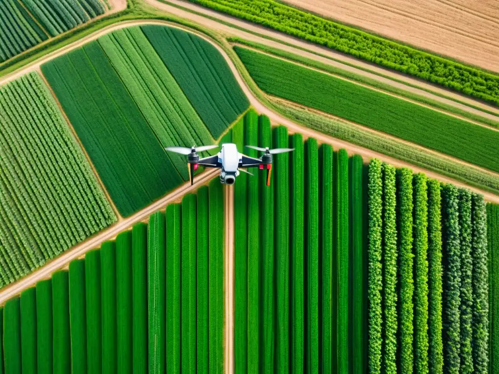 Dron agrícola sobrevuela exuberante paisaje verde, reflejando innovación y eficiencia
