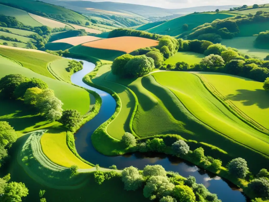 Una exuberante y serena imagen rural con colinas, campos y arroyo, resaltando la preservación del medio ambiente y la conectividad rural
