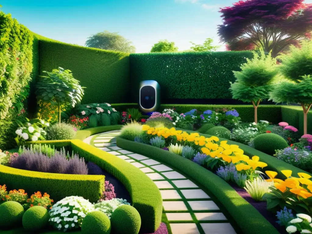 Un jardín exuberante con tecnología IoT integrada, mostrando una fusión perfecta de naturaleza y modernidad